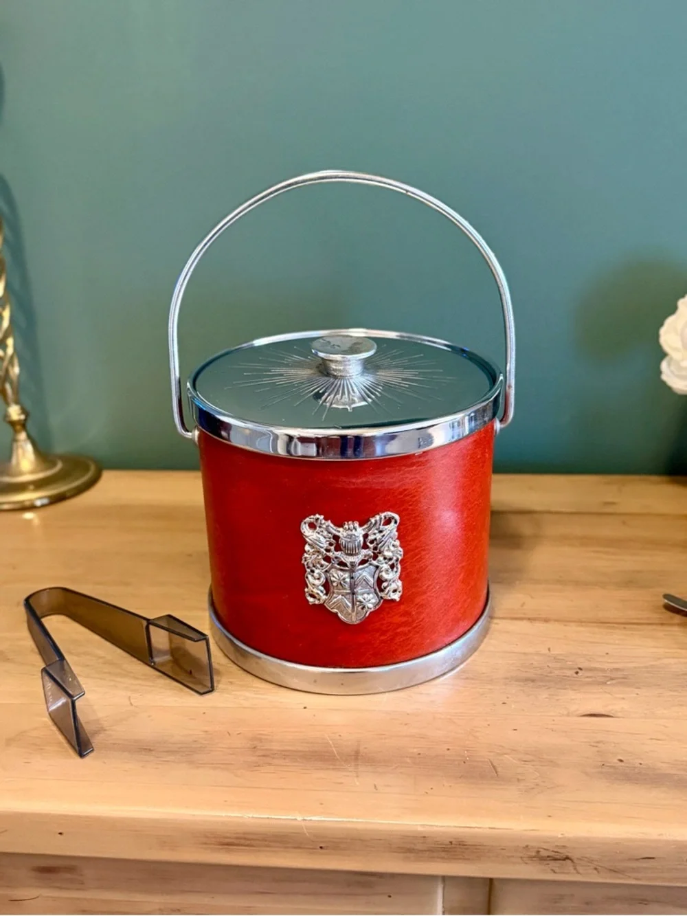 Vintage MCM Ice Bucket Bar Set Red Faux Leather w/ Tools Vegas Glam
